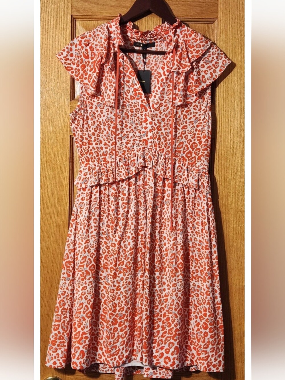 Maje Rutti Leopard-Print Ruffle Midi Dress Women Sz 1(S) White.Orange Parisian